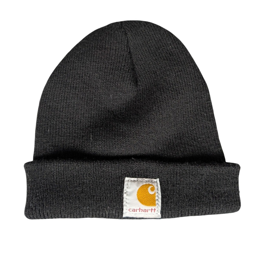 Carhartt Mens Black Acrylic Rib-Knit Beanie Hat Cuffed Logo Patch A18